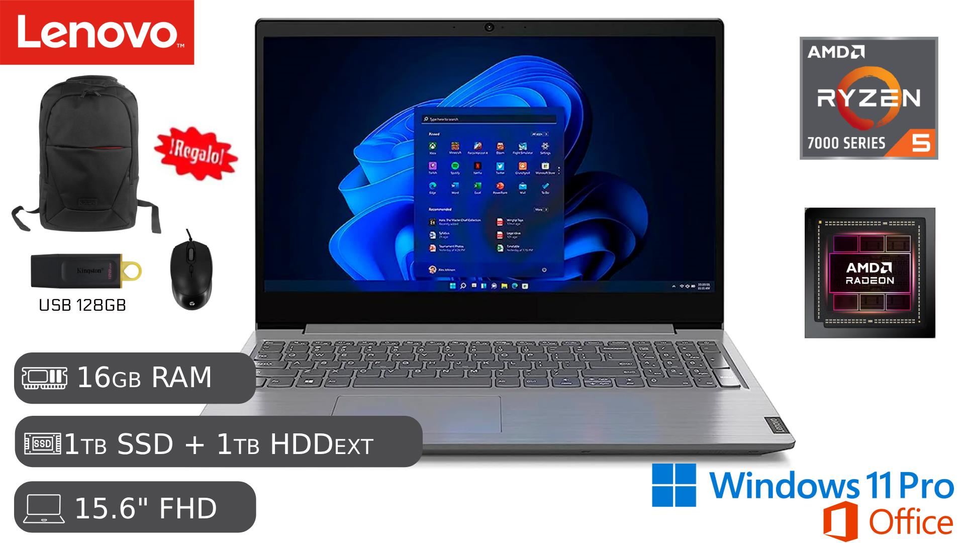 Laptop Nueva Lenovo V15 G4 Ryzen 7500U 16GB RAM 1TB SSD + 1TB HD EXTERNO + MOUSE + MOCHILA + USB 128GB